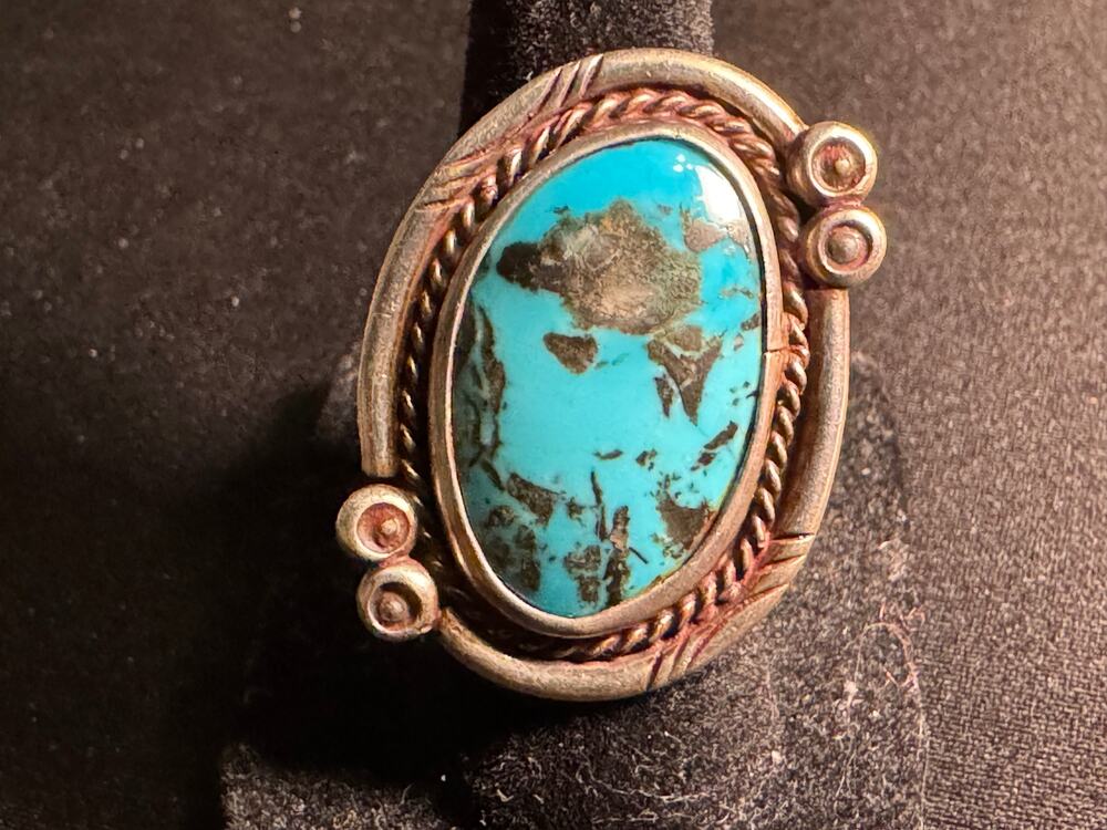 Vintage Tested Sterling Handmade Turquoise Navajo Ring Size 6.75
